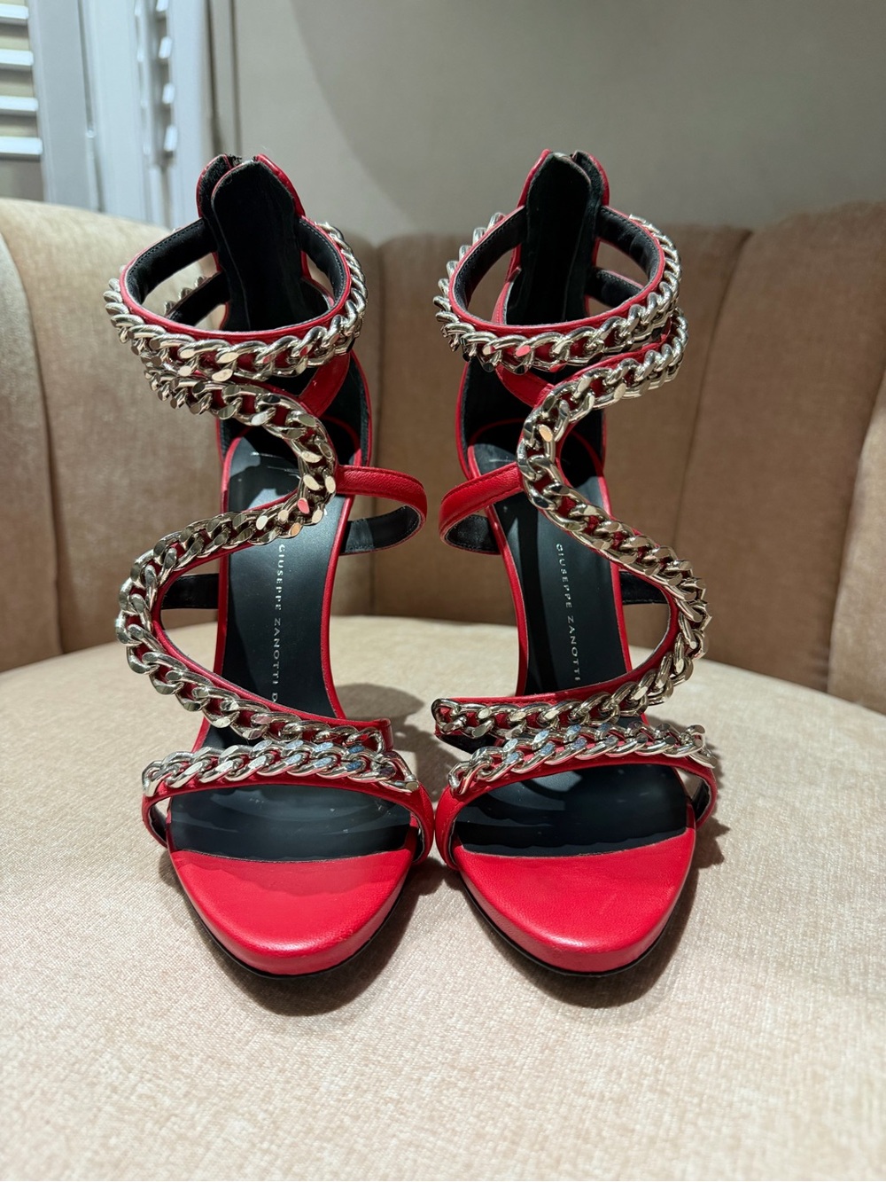 GIUSEPPE ZANOTTI Red Chain-Strap High Heel Sandals - Giuseppe Zanotti 7